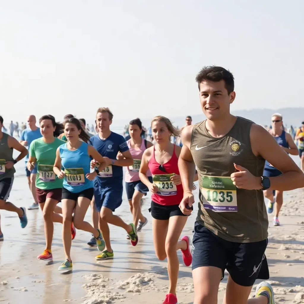 Runners participating in the Surf City 10 race on the beach.