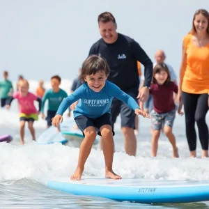 Children participating in a surf therapy event at Newport Beach, riding waves with the support of volunteers.