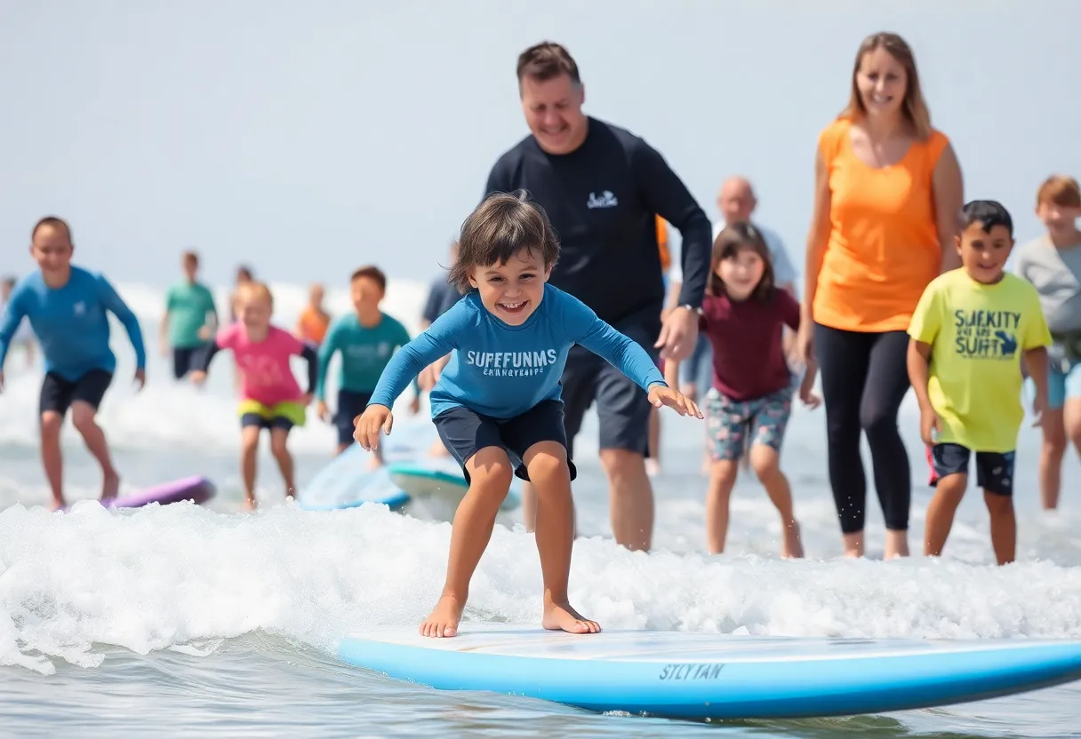 Children participating in a surf therapy event at Newport Beach, riding waves with the support of volunteers.
