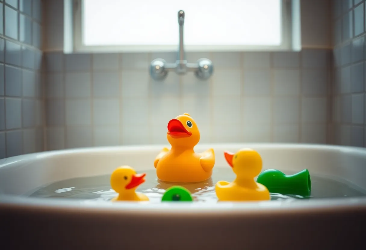 Rubber duck and bath toys in a bathtub symbolizing childhood innocence