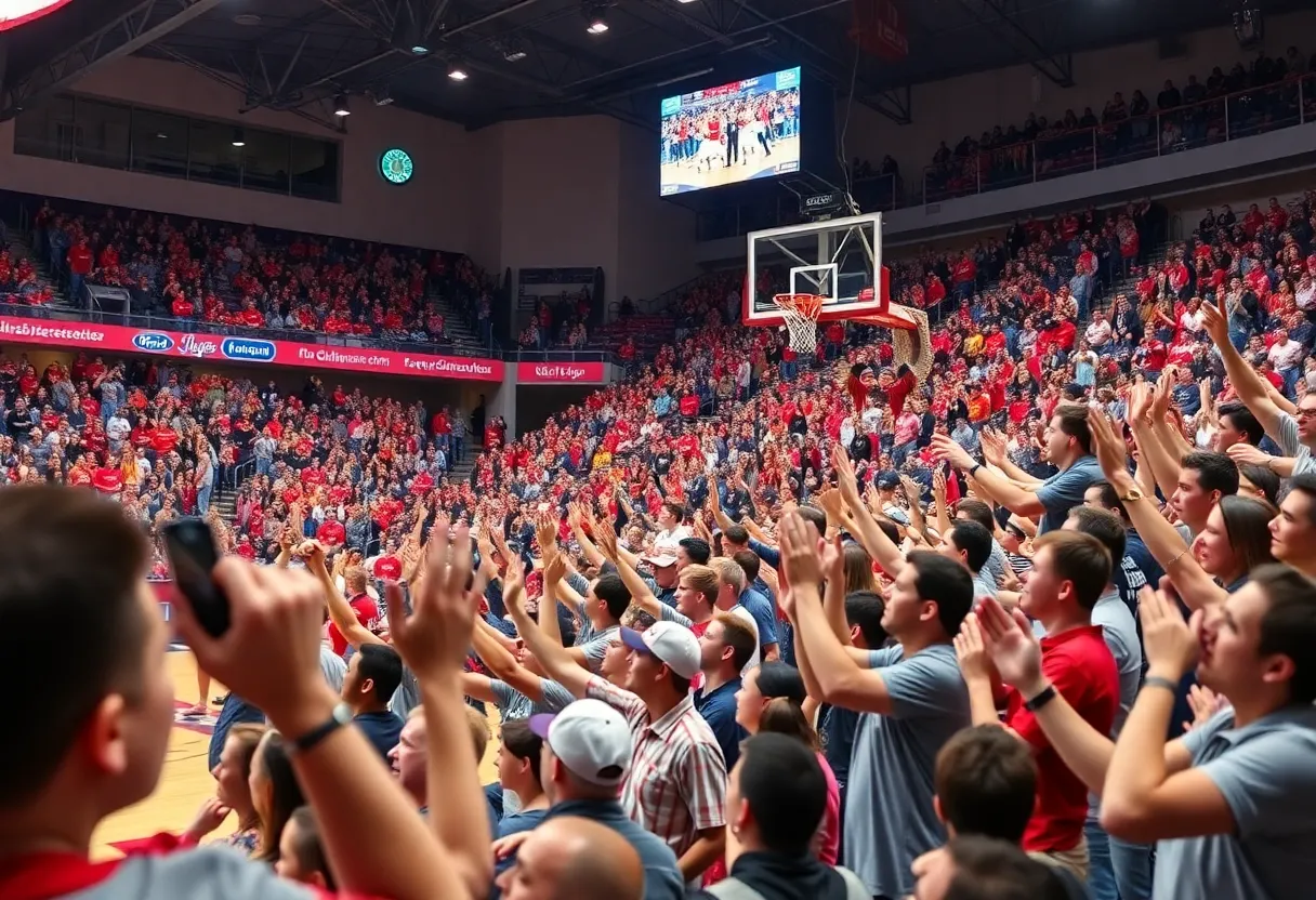Fans cheering during a UCLA basketball game