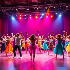 Dancers performing on stage in Footloose musical at Vanguard University