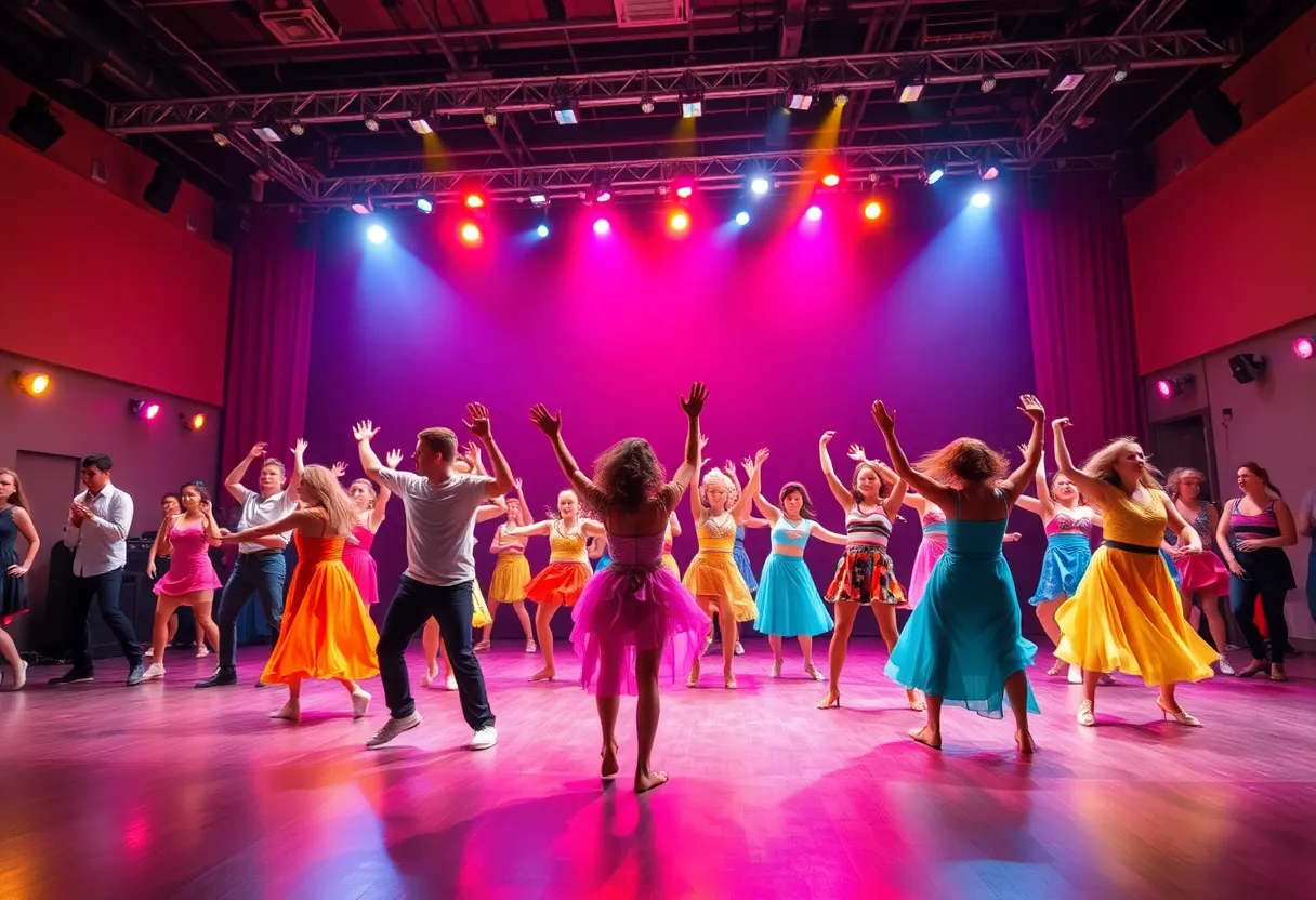 Dancers performing on stage in Footloose musical at Vanguard University