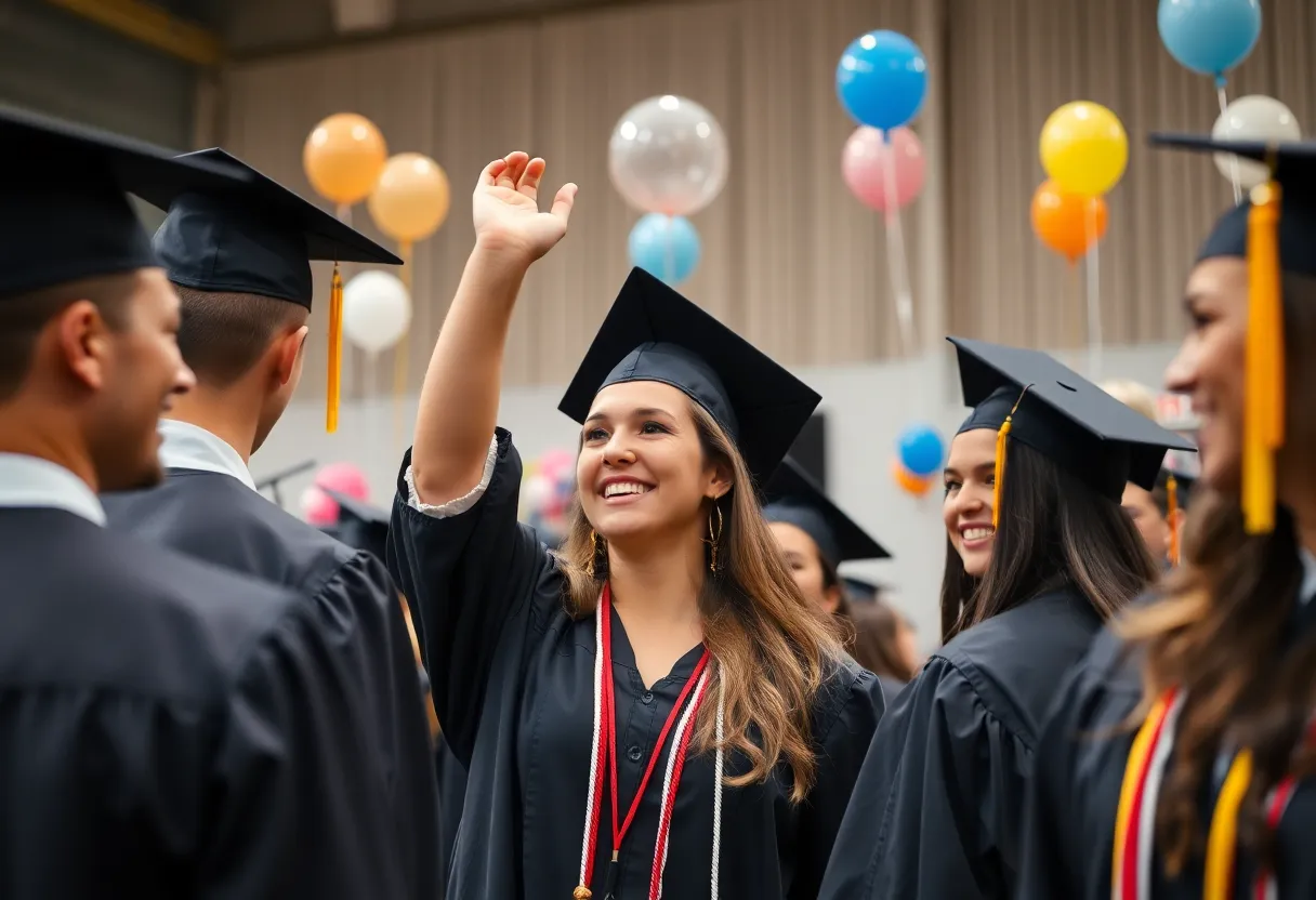 Graduates celebrating at Vanguard University graduation ceremony