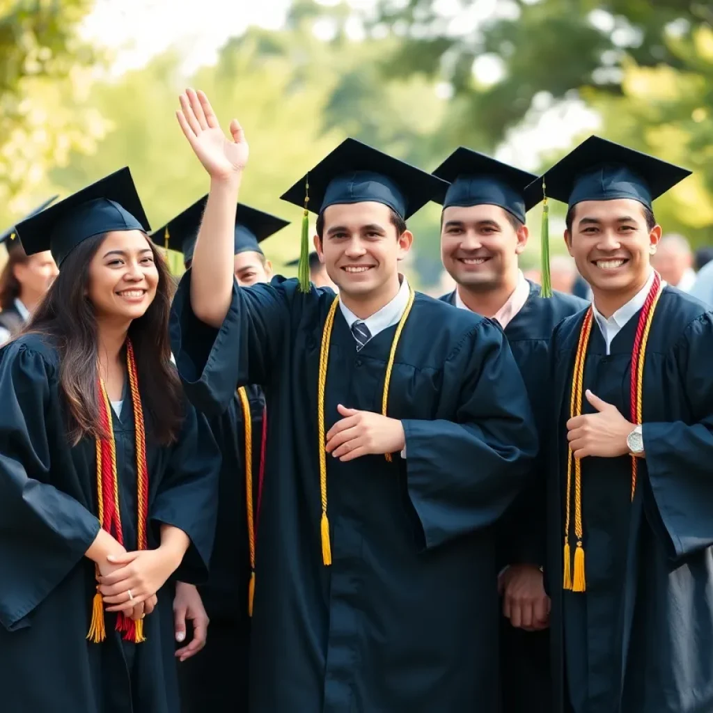 Graduates celebrating at Vanguard University graduation ceremony