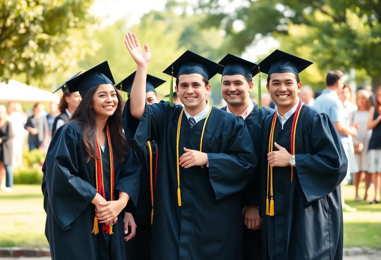 Graduates celebrating at Vanguard University graduation ceremony