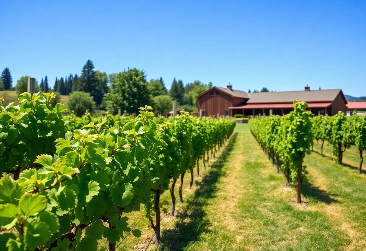Scenic view of a vineyard in the South Willamette Valley with a rustic winery.