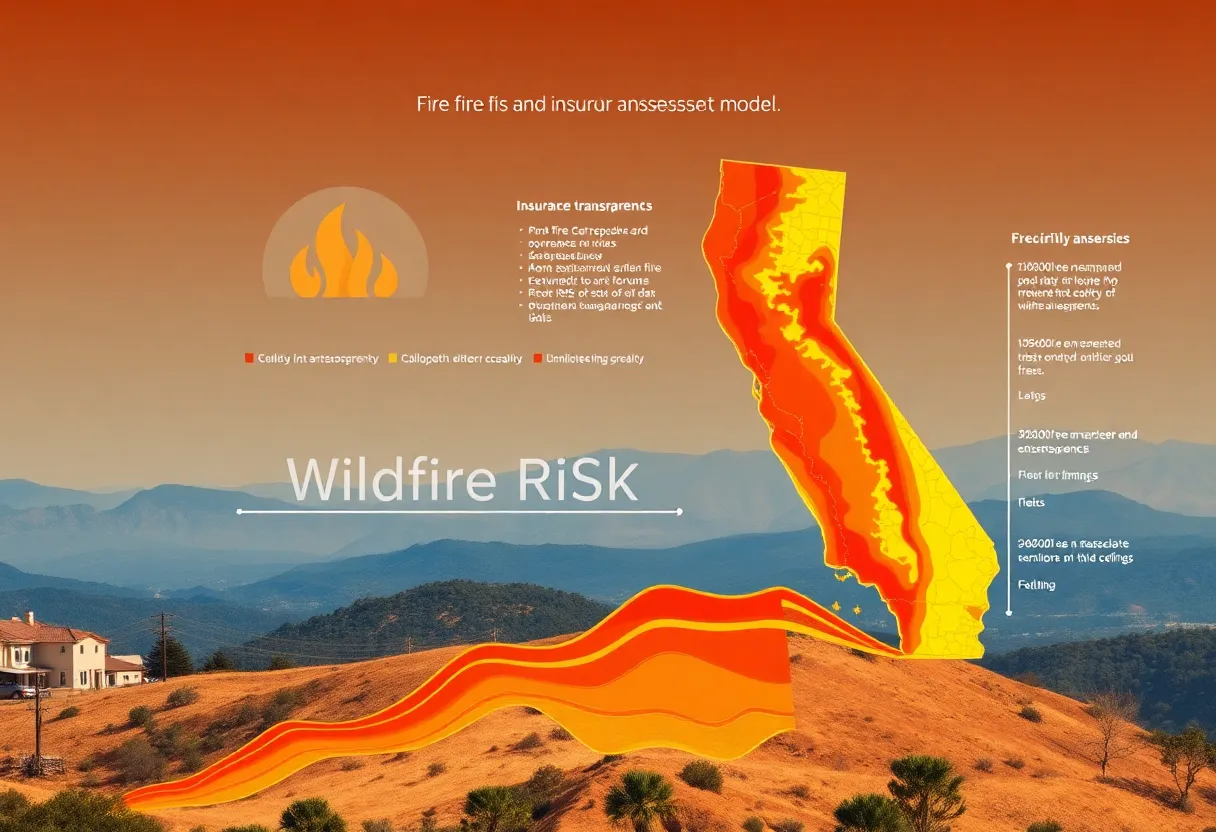 Illustration depicting wildfire risk assessment and insurance transparency.