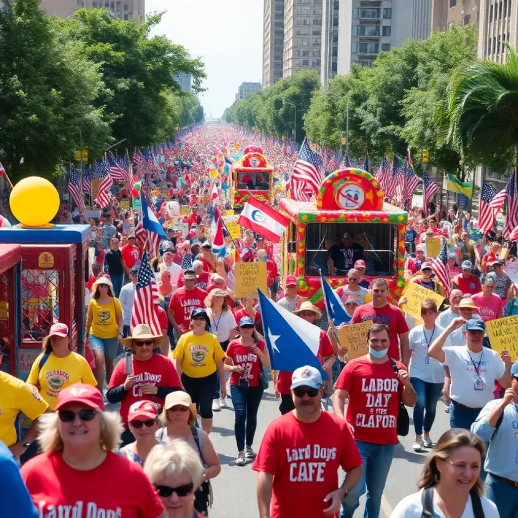 Crowd at the Wilmington Labor Day Parade with colorful floats