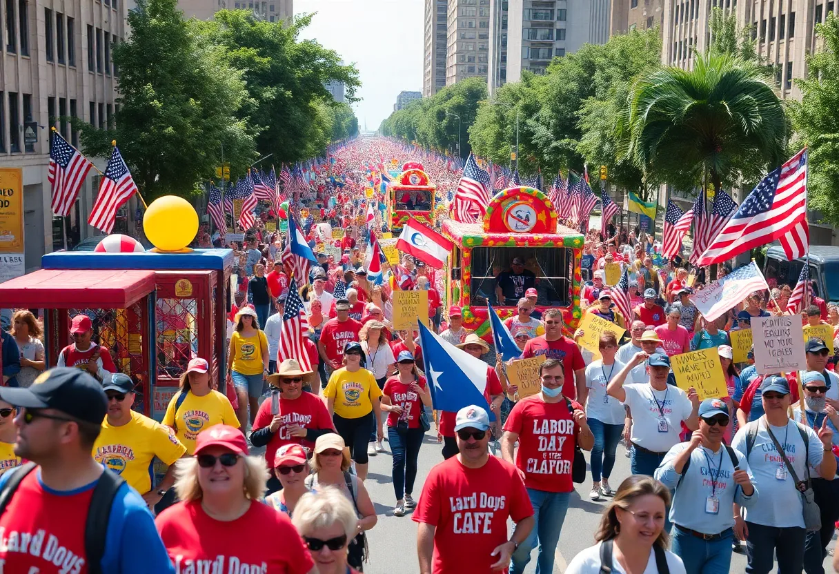 Crowd at the Wilmington Labor Day Parade with colorful floats