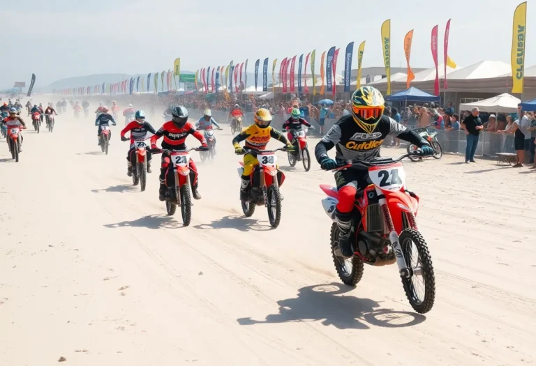 Motocross racers competing on a sandy track in Huntington Beach.