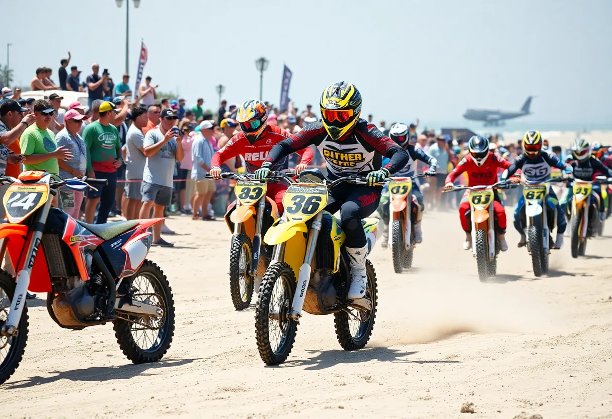 Dirt bike racing action with fans at Bolsa Chica State Beach