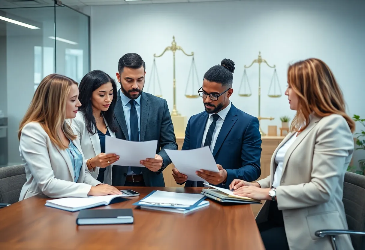 Diverse attorneys reviewing legal documents on motor vehicle collisions