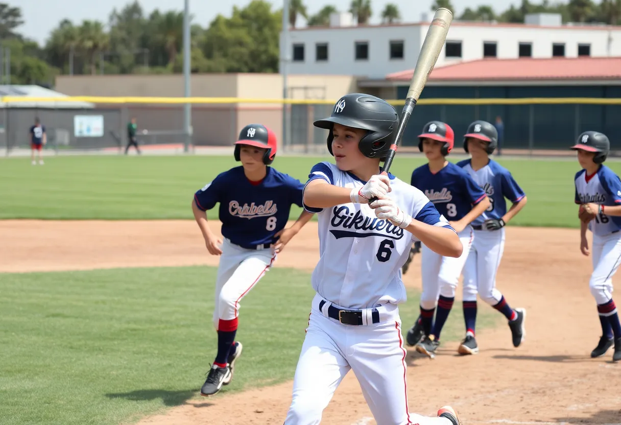 Young baseball players competing in a game at Cypress College