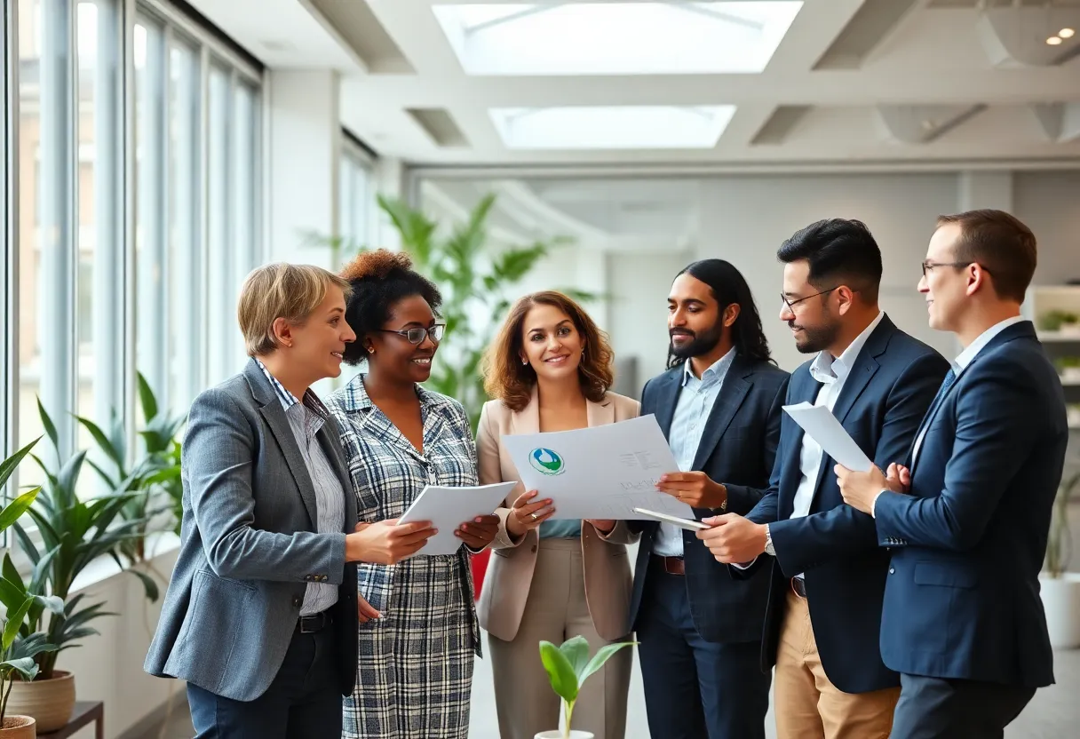Business professionals discussing climate regulations in an office