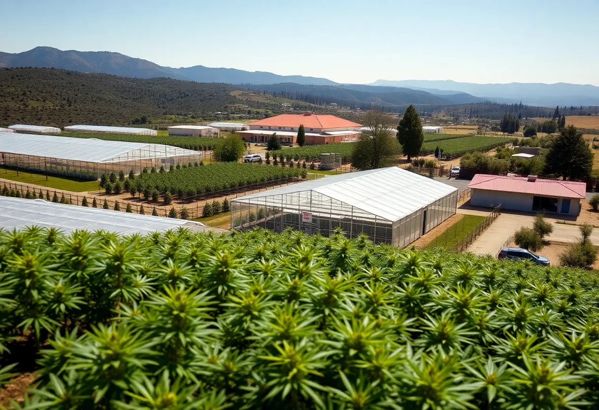 Overview of the California cannabis industry with greenhouses in the background