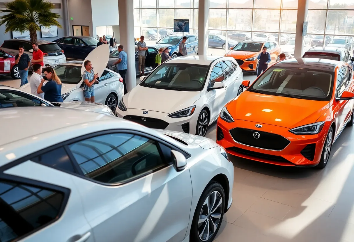 Display of various zero-emission vehicles at a California dealership.