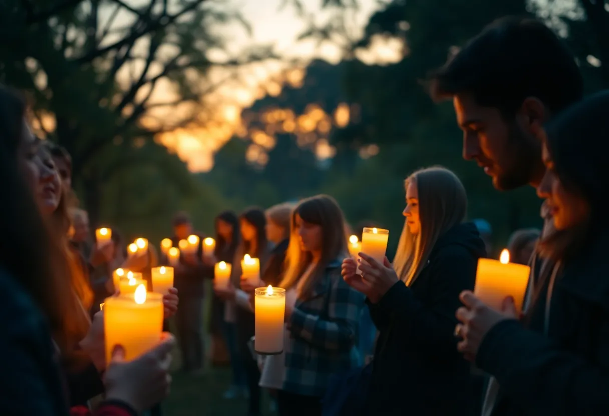 Community gathering holding candles in remembrance of Pastor Eric Williams