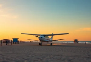 Cessna airplane landing on Huntington Beach sand with lifeguard towers in view.