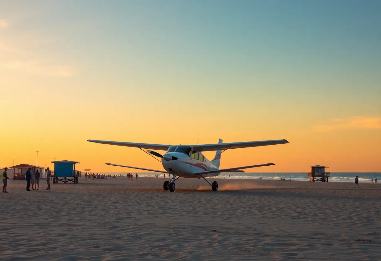 Cessna airplane landing on Huntington Beach sand with lifeguard towers in view.