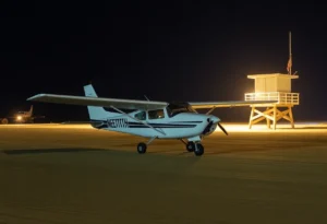 Cessna airplane making an emergency landing on Huntington Beach