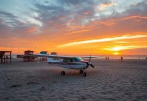 Cessna plane making an emergency landing on Huntington Beach sand