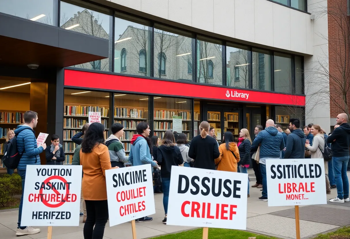 A community gathering protesting the library's youth-restricted book section.
