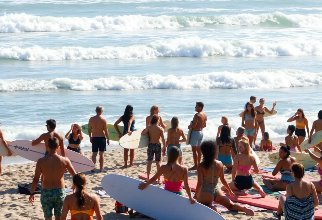 Diverse surfers engaging in a colorful beach celebration in Huntington Beach