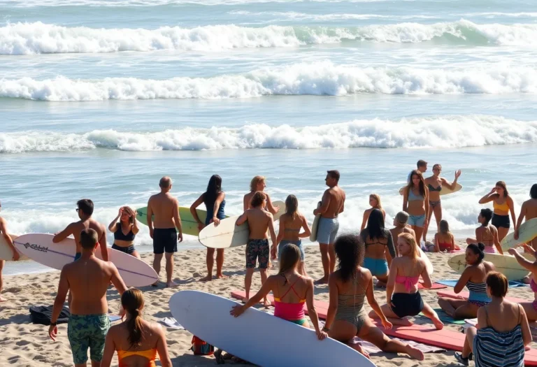 Diverse surfers engaging in a colorful beach celebration in Huntington Beach
