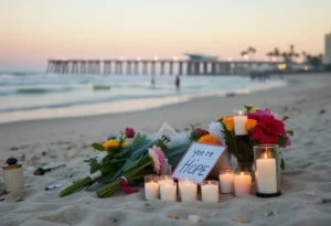Memorial with flowers and candles for helicopter crash victims in Huntington Beach.