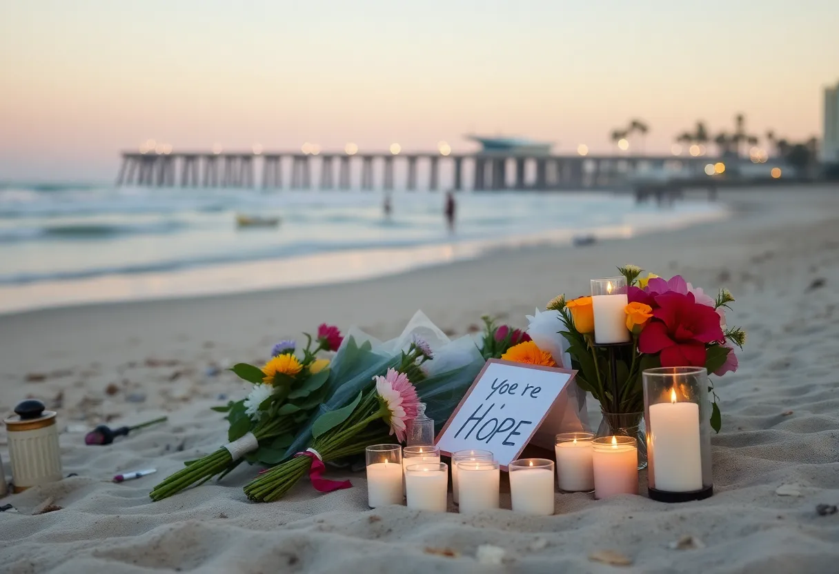 Memorial with flowers and candles for helicopter crash victims in Huntington Beach.