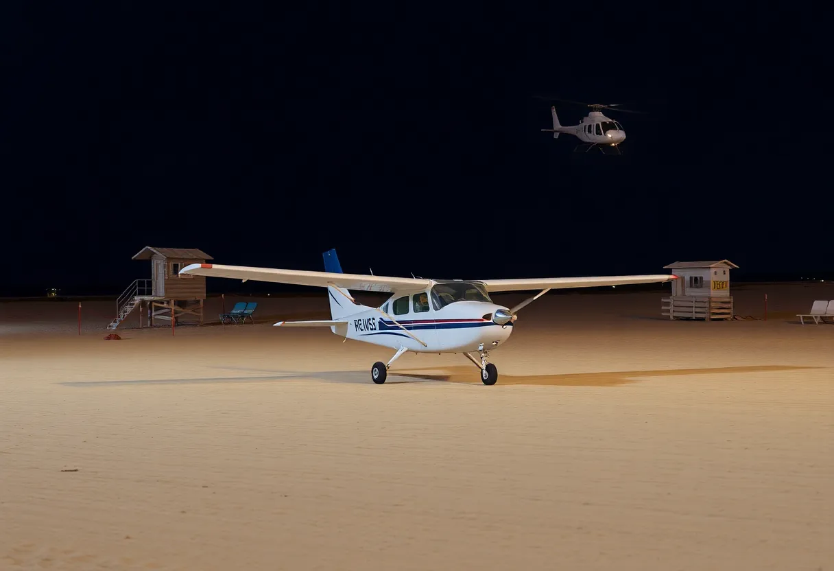 Small airplane safely landing on Huntington Beach at night.