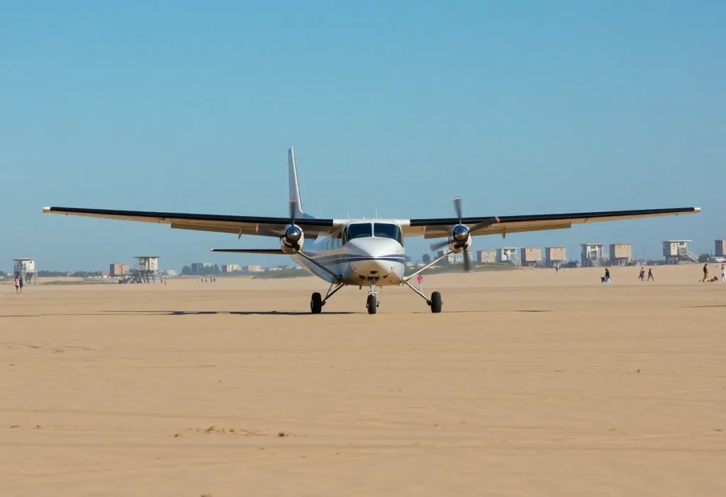 Small airplane landing on Huntington Beach sand
