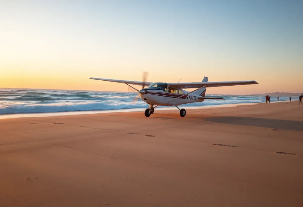 A small plane landing on Huntington Beach at sunset