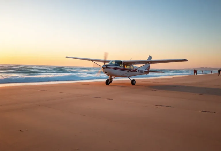 A small plane landing on Huntington Beach at sunset