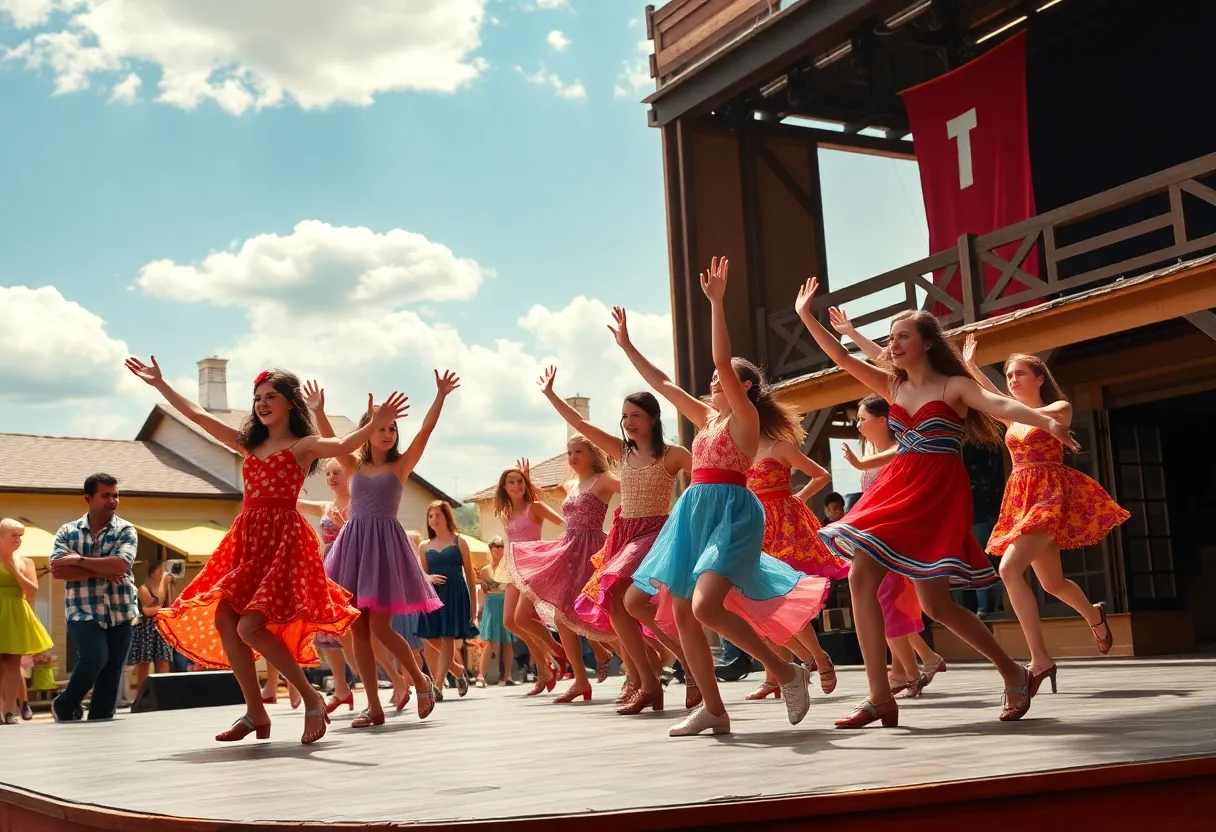 Scene from Footloose musical at Vanguard University showing dancers in motion.