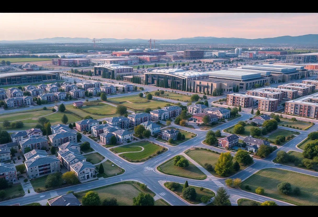 Illustration of a proposed city in Solano County with green spaces and manufacturing.