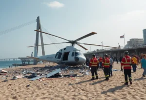 Helicopter wreckage near a pedestrian bridge in Huntington Beach.