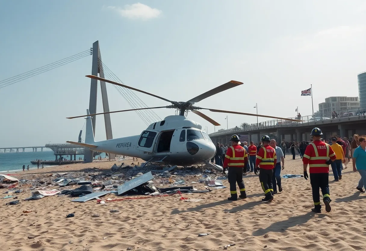 Helicopter wreckage near a pedestrian bridge in Huntington Beach.