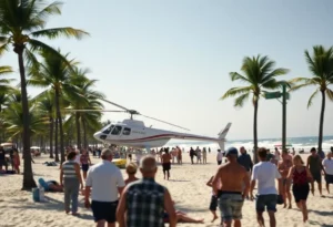 Helicopter crash scene at Huntington Beach with emergency responders and beachgoers