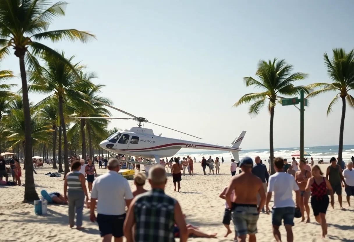 Helicopter crash scene at Huntington Beach with emergency responders and beachgoers