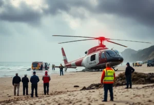 Scene of a helicopter crash at Huntington Beach with emergency response teams and concerned onlookers.