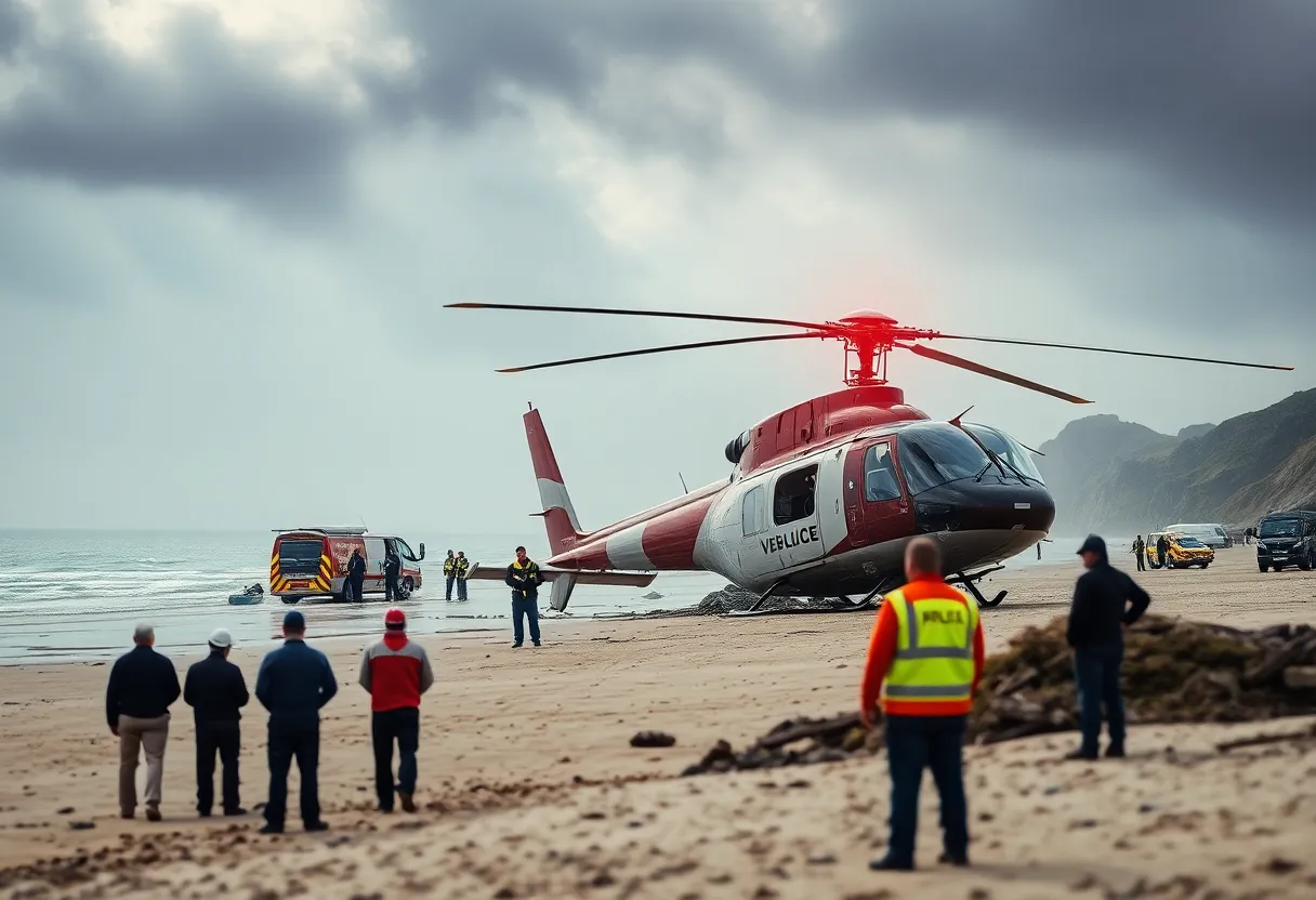 Scene of a helicopter crash at Huntington Beach with emergency response teams and concerned onlookers.