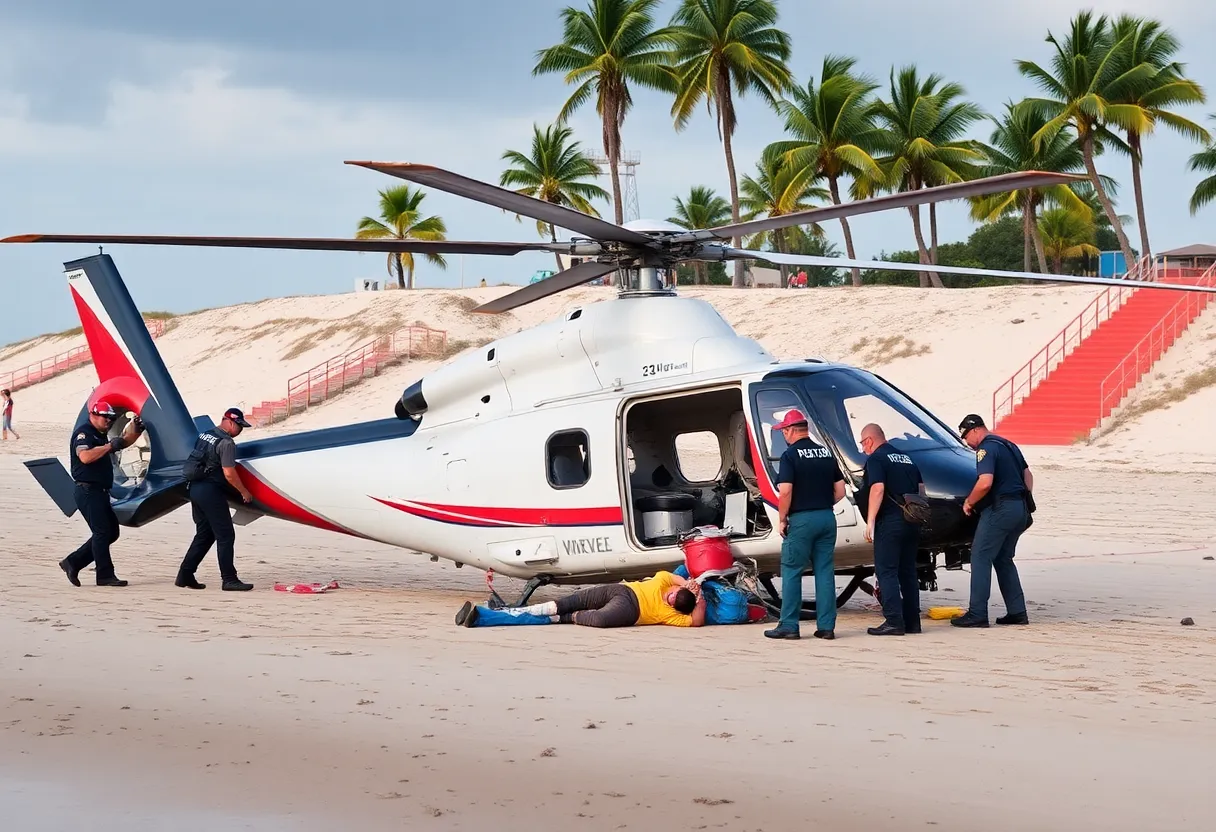 Crash site of helicopter on beach with emergency responders