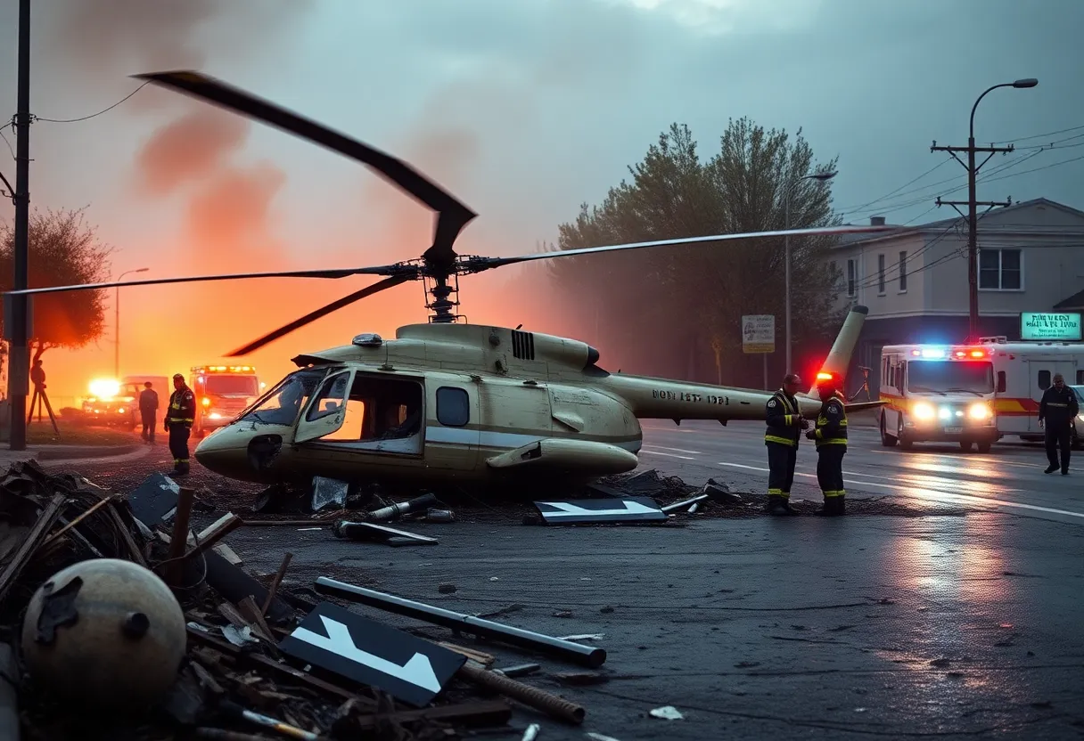 Scene of helicopter crash with debris and emergency responders