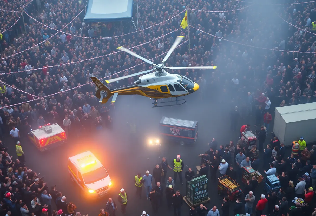 A scene showing emergency services responding to a helicopter crash during an event.
