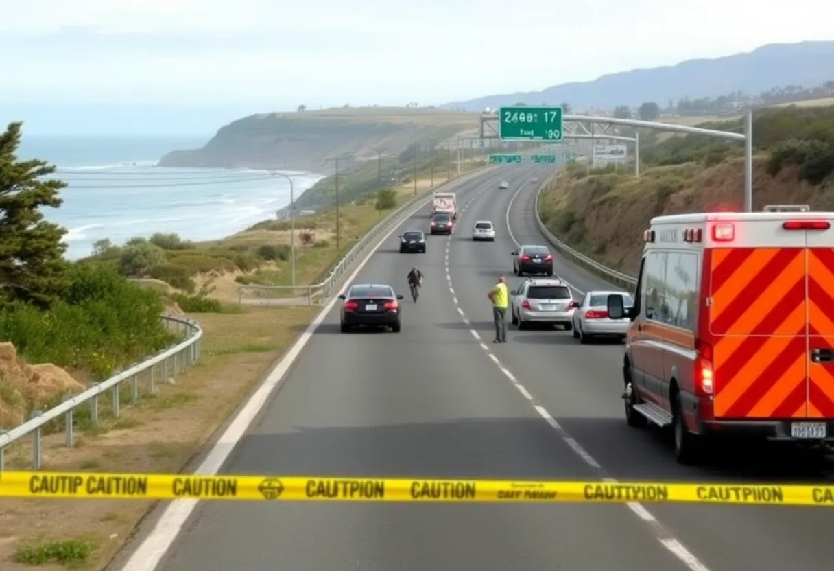 Emergency response team at the scene of a bicycle accident on Pacific Coast Highway.