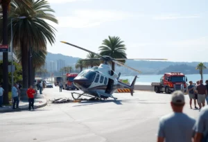 A helicopter crash in Huntington Beach with emergency responders at the scene.