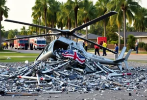 Crash site of helicopter surrounded by palm trees and emergency responders