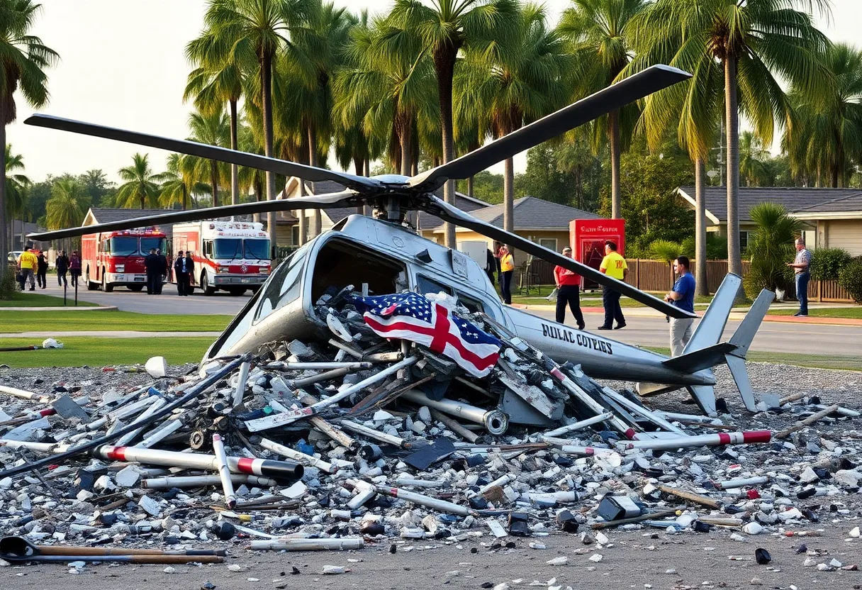 Crash site of helicopter surrounded by palm trees and emergency responders